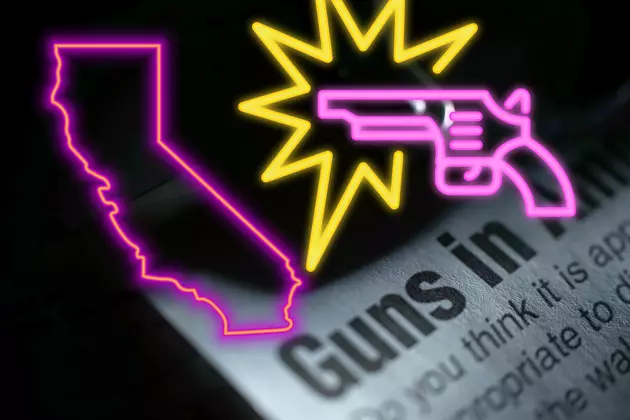 neon outlines of california and a gun. News paper