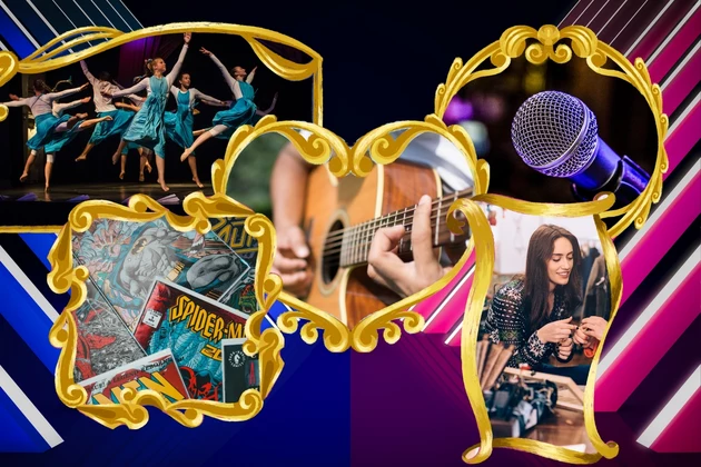 a collage of pictures. Woman crafting, comic books, guy and guitar, microphone, women dancing