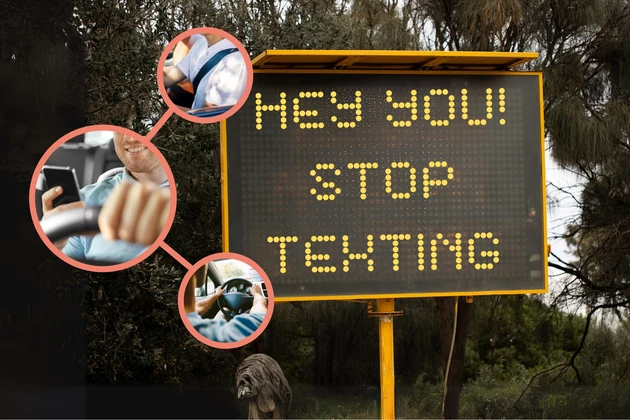 road sign saying to stop texting. Smaller pictures of a seatbelt, person texting, and steering wheel
