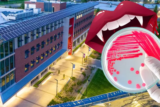 Washington State University campus, with a graphic of vampire lips, and fingers holding a bacteria petri dish.
